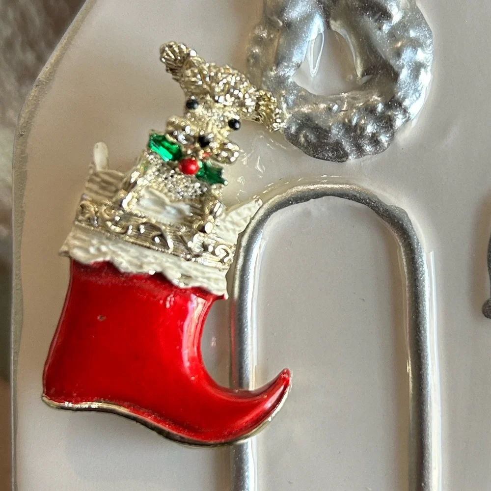 Christmas Stocking Brooch with Dog Christmas pin poodle holiday pin red silver